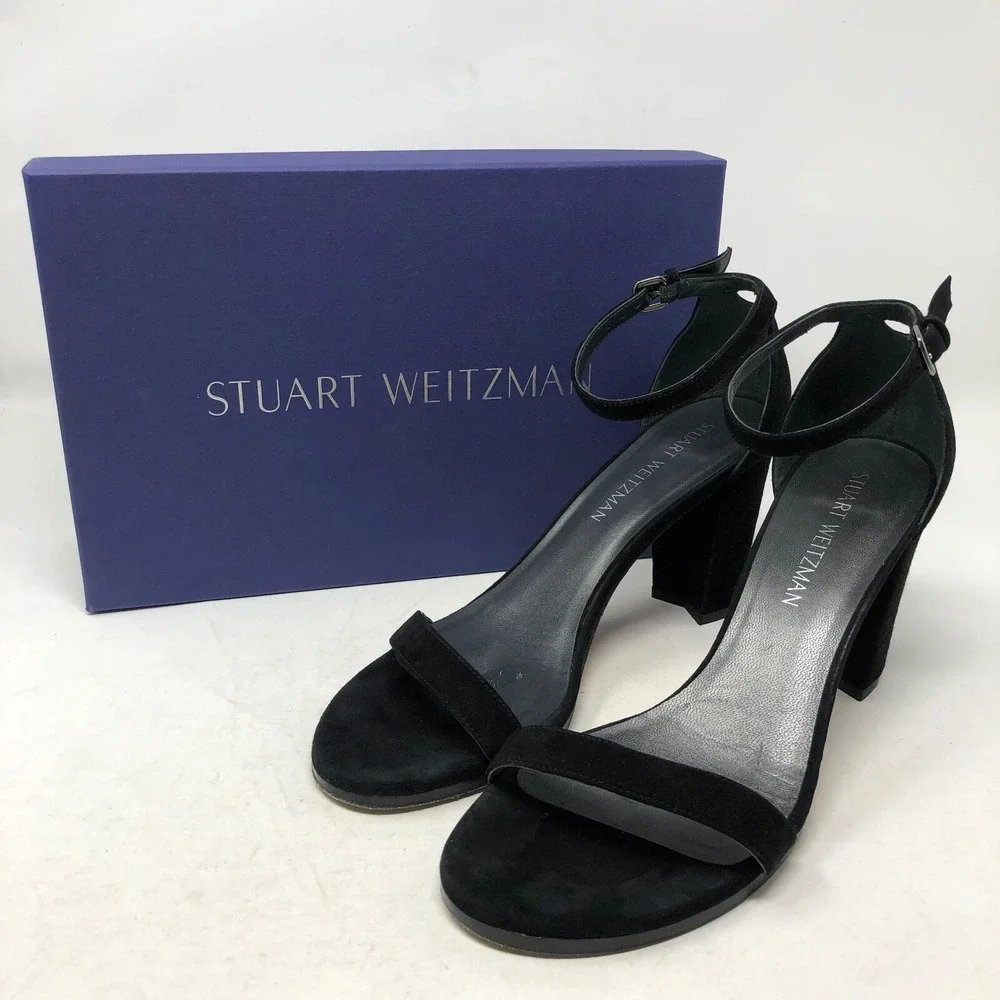 Stuart Weitzman Nearly Nude Strappy Block Heels Womens 9 Black Suede Going Out‎